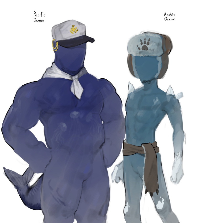 abs animal_humanoid blue_body clothing cnidarian duo elemental_creature elemental_humanoid featureless_crotch feral fin hat headgear headwear hi_res humanoid ice ice_creature ice_humanoid jellyfish kogito male marine marine_humanoid medusozoan mineral_fauna mineral_humanoid muscular muscular_male not_furry nude pecs sash tail tail_fin water water_creature water_humanoid