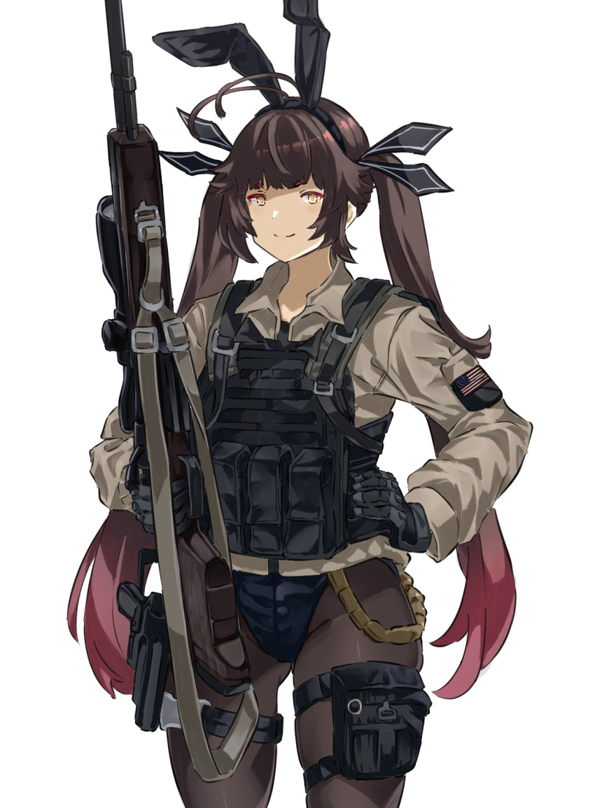 1girl american_flag animal_ears battle_rifle black_gloves black_pantyhose blue_corset brown_hair chest_rig corset fake_animal_ears girls'_frontline gloves gun hair_ornament highres jacket looking_at_viewer m14 m14_(girls'_frontline) mutugorou_u orange_eyes pantyhose playboy_bunny rifle scope smile tactical_playboy_bunny twintails weapon white_background yellow_jacket