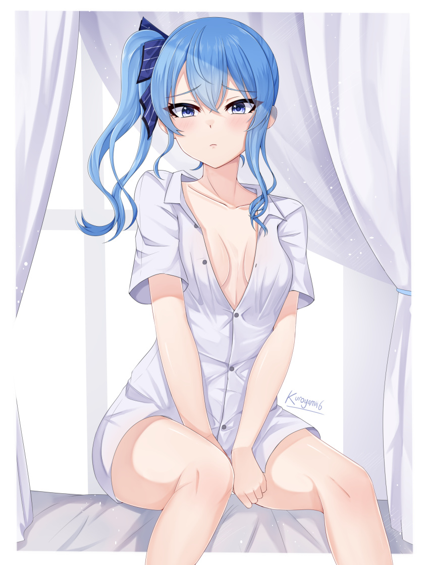 1girl absurdres blue_eyes blue_hair bow breasts closed_mouth collarbone collared_shirt commentary curtains feet_out_of_frame hair_bow highres hololive hoshimachi_suisei kuroyamii light_particles long_hair looking_at_viewer no_pants partially_unbuttoned raised_eyebrows shirt short_sleeves side_ponytail sidelocks sitting small_breasts solo star_(symbol) star_in_eye symbol_in_eye virtual_youtuber wavy_hair white_shirt