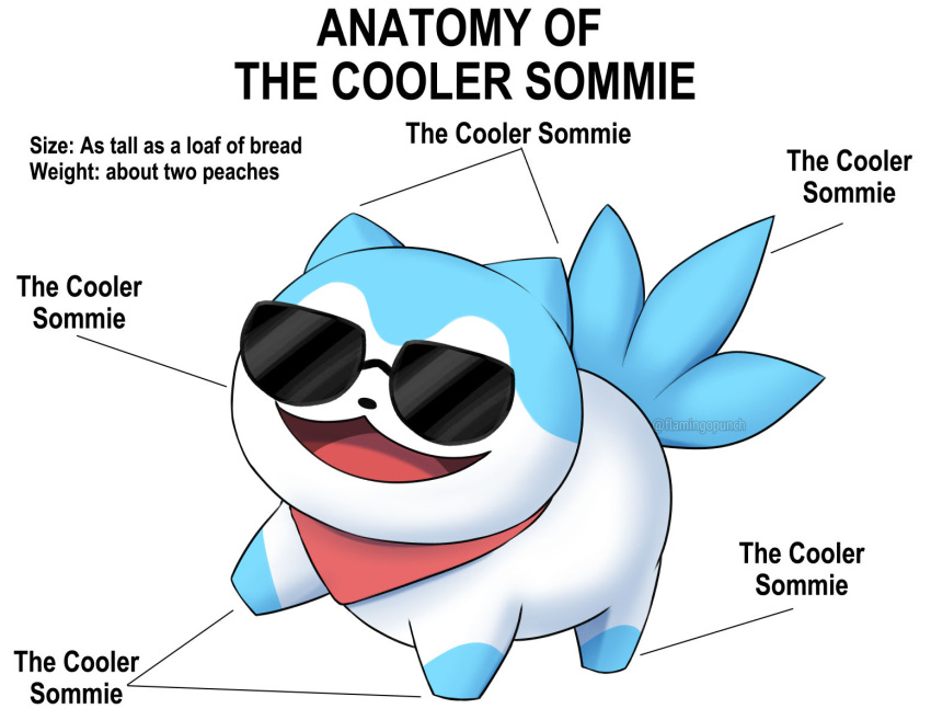 :3 ambiguous_gender anatomy_reference blue_body blue_fur canid canine canis domestic_dog english_text eyewear feral flamingopunch fur hi_res mammal meme mostly_nude scarf simple_background solo sommie_(fire_emblem) sunglasses sunglasses_on_face text white_background white_body white_fur