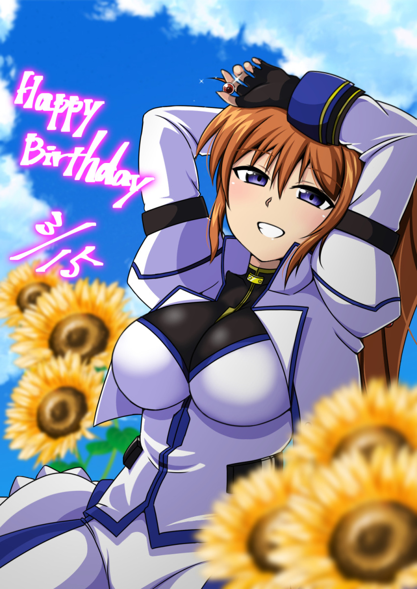 1girl black_gloves blue_eyes blush breasts brown_hair fingerless_gloves flower gloves grin happy_birthday highres kunisaki-air large_breasts long_hair looking_at_viewer lyrical_nanoha magical_girl mahou_shoujo_lyrical_nanoha_strikers outdoors ponytail raising_heart shiny_skin smile sunflower takamachi_nanoha