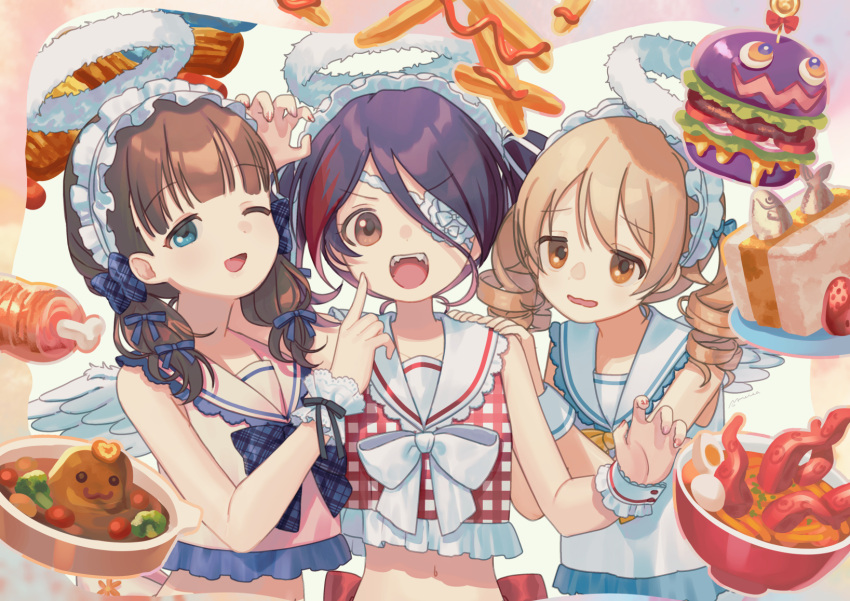 3girls :3 :d ;d angel_wings arm_support arm_up back_bow bare_arms bare_shoulders blonde_hair blouse blue_bow blue_eyes blue_hair blunt_bangs boned_meat bow bowl bowtie broccoli brown_eyes burger cherry_tomato claw_pose collarbone crop_top d: dark_blue_hair dot_nose drill_hair egg_(food) eyepatch fake_halo fake_wings fangs feathered_wings finger_to_another's_cheek finger_to_cheek fish food food-themed_background food_art french_fries frilled_hairband frilled_shirt frills fruit fur_halo furrowed_brow hair_between_eyes hair_bow hair_strand hairband halo hand_up hands_on_another's_shoulders hardboiled_egg hayasaka_mirei heart-shaped_food highres idolmaster idolmaster_cinderella_girls idolmaster_cinderella_girls_starlight_stage index_finger_raised ketchup light_brown_hair lolita_hairband long_hair looking_at_viewer low_twintails meat meisa midriff morikubo_nono multicolored_hair multiple_girls multiple_hair_bows nail_polish navel noodles one_eye_closed one_eye_covered open_mouth parted_lips pink_shirt plaid plaid_bow plaid_bowtie plaid_shirt purple_hair quad_tails ramen red_bow red_shirt ribbon sailor_collar sailor_shirt sakuma_mayu sandwich shirt side-by-side signature sleeveless sleeveless_shirt smile straight-on strawberry streaked_hair swept_bangs teeth tentacles tomato twintails under_the_desk_(idolmaster) upper_body upper_teeth_only v-shaped_eyebrows wavy_mouth white_bow white_bowtie white_hairband white_ribbon white_sailor_collar white_shirt white_wings wings wrist_cuffs