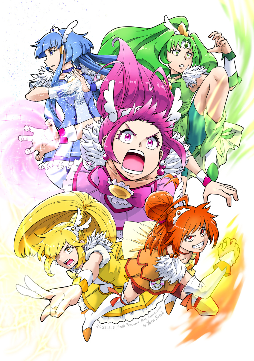 5girls absurdres ahoge aoki_reika big_hair bike_shorts blonde_hair blue_bow blue_choker blue_dress blue_eyes blue_hair blunt_bangs boots bow bracer choker commentary cure_beauty cure_happy cure_march cure_peace cure_sunny dress earrings feather_hair_ornament feathers fighting_stance fist_in_hand frilled_dress frills frown glowing_fist green_bow green_choker green_dress green_eyes green_hair green_shorts grimace grin hair_bun hair_ornament highres hino_akane_(smile_precure!) hoshizora_miyuki jewelry kise_yayoi long_hair looking_at_viewer looking_to_the_side magical_girl medium_hair midorikawa_nao multiple_girls open_mouth orange_choker orange_dress orange_eyes orange_hair orange_shorts parted_lips pink_bow pink_choker pink_dress pink_eyes pink_hair ponytail precure satou_yasu serious short_dress short_hair_with_long_locks short_sleeves shorts shorts_under_dress smile smile_precure! sparkle tiara v-shaped_eyes white_footwear white_headwear wrist_cuffs yellow_bow yellow_dress yellow_eyes