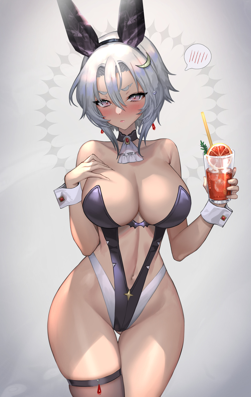 1girl absurdres animal_ears ass_visible_through_thighs bare_shoulders blush breasts choker crescent crescent_hair_ornament cup earrings fake_animal_ears grey_hair hair_between_eyes hair_ornament highres hitowa holding holding_cup huge_breasts jewelry leotard looking_at_viewer navel original playboy_bunny rabbit_ears red_eyes short_hair single_thighhigh solo spoken_blush strapless strapless_leotard thighhighs wrist_cuffs