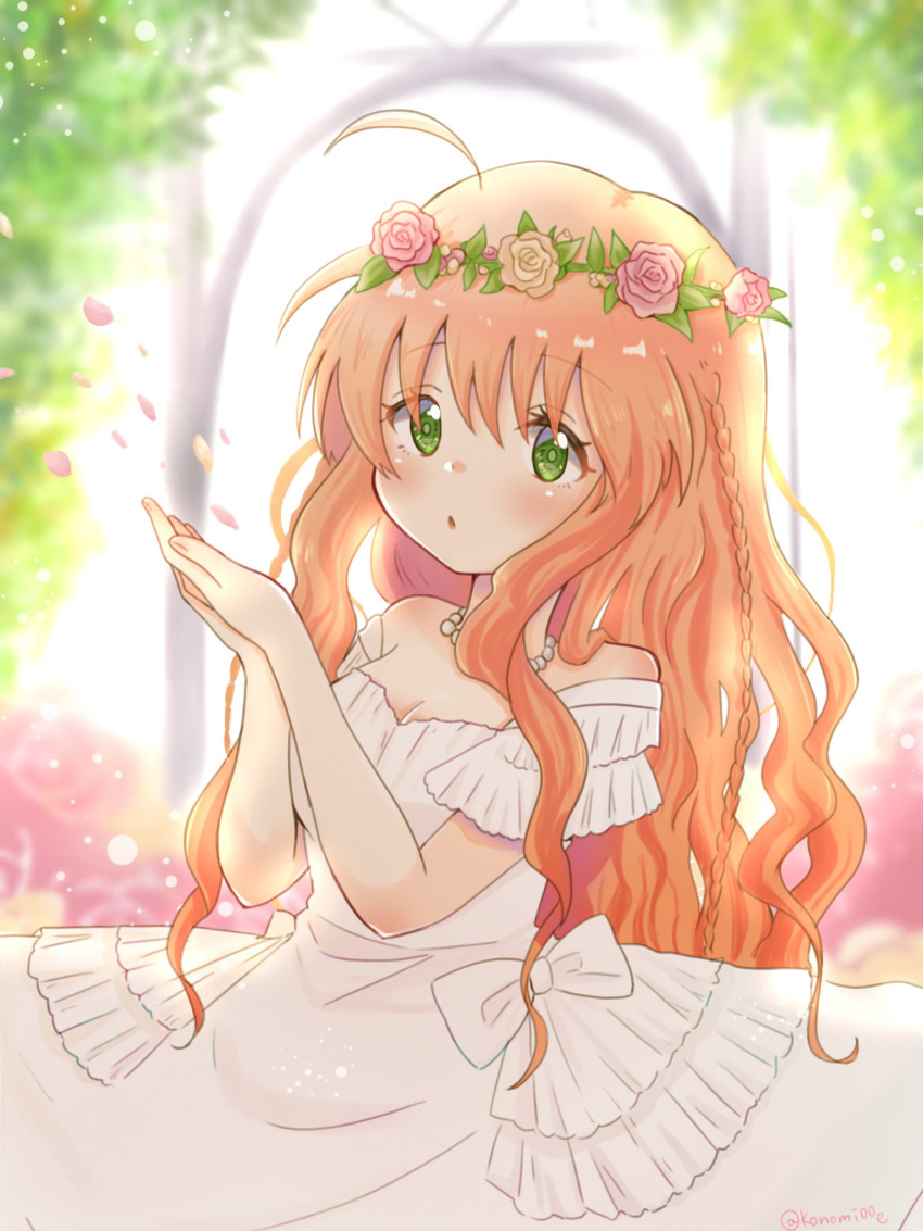1girl 2023 ahoge backlighting bare_shoulders bloom blowing blurry blurry_background blush bow braid breasts brown_hair cleavage commentary_request cowboy_shot dated_commentary dress eyelashes eyes_visible_through_hair falling_petals flower flower_wreath garden green_eyes hair_between_eyes hands_up head_wreath highres jewelry kanbe_kotori konomi_(konomi00e) leaf long_hair medium_breasts necklace official_alternate_costume own_hands_together parted_lips pearl_necklace petals pink_flower pink_rose rewrite rose short_sleeves sidelocks solo standing tareme twin_braids very_long_hair wavy_hair wedding_dress white_bow white_dress yellow_flower yellow_rose