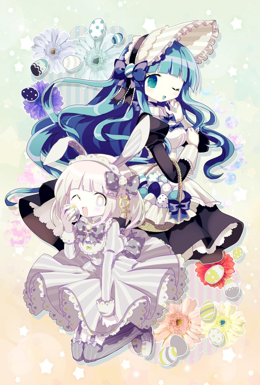 2girls animal_ears aqua_eyes aqua_hair basket black_dress blue_bow blue_ribbon bonnet bow breasts bright_pupils collared_dress dress easter easter_egg egg flat_chest footwear_bow frilled_bonnet frills garter_straps grey_bow grey_eyes grey_ribbon grey_thighhighs hair_ribbon highres holding holding_egg ikurumi_umika juliet_sleeves long_hair long_sleeves makiuri_mizuki medium_breasts mercury_symbol multiple_girls neck_ribbon no_nose one_eye_closed open_mouth original petticoat polka_dot polka_dot_ribbon puffy_sleeves rabbit_ears ribbon short_hair smile star_(symbol) star_print striped striped_dress striped_headwear striped_thighhighs thighhighs usagi_nui vertical-striped_dress vertical-striped_thighhighs vertical_stripes white_dress white_footwear white_hair white_headwear white_pupils yellow_bow