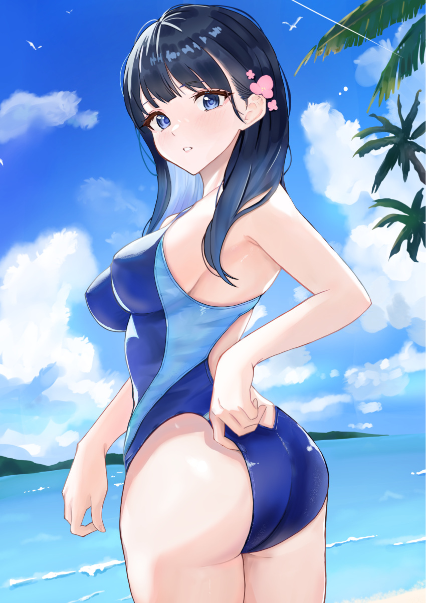 1girl adjusting_clothes adjusting_swimsuit ass beach black_hair blue_eyes blue_one-piece_swimsuit blue_sky blunt_bangs breasts cloud competition_swimsuit cowboy_shot day highres horizon long_hair looking_at_viewer looking_back medium_breasts mountainous_horizon nobita_(nbnobita) ocean one-piece_swimsuit original outdoors palm_tree sky solo swimsuit tree two-tone_swimsuit