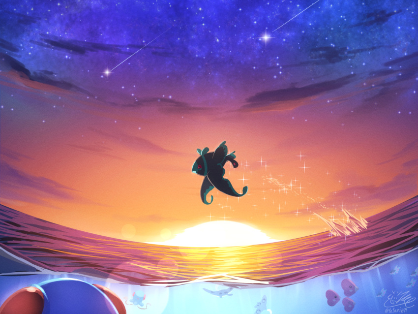 cloud commentary_request fish highres lens_flare lumineon luvdisc mantine no_humans outdoors partially_underwater_shot pokemon pokemon_(creature) shooting_star signature sky sparkle sunset tatsumi_(panneko) tentacool twilight water