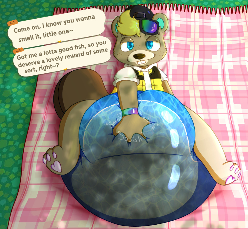 absurd_res animal_crossing anthro aroused beaver bedroom_eyes brown_body c.j._(animal_crossing) clothing diaper english_text feces full_diaper hat headgear headwear hi_res law_azure life_jacket looking_at_viewer lying male mammal messy_diaper narrowed_eyes nintendo on_back outside pawpads rodent seductive soiling solo text