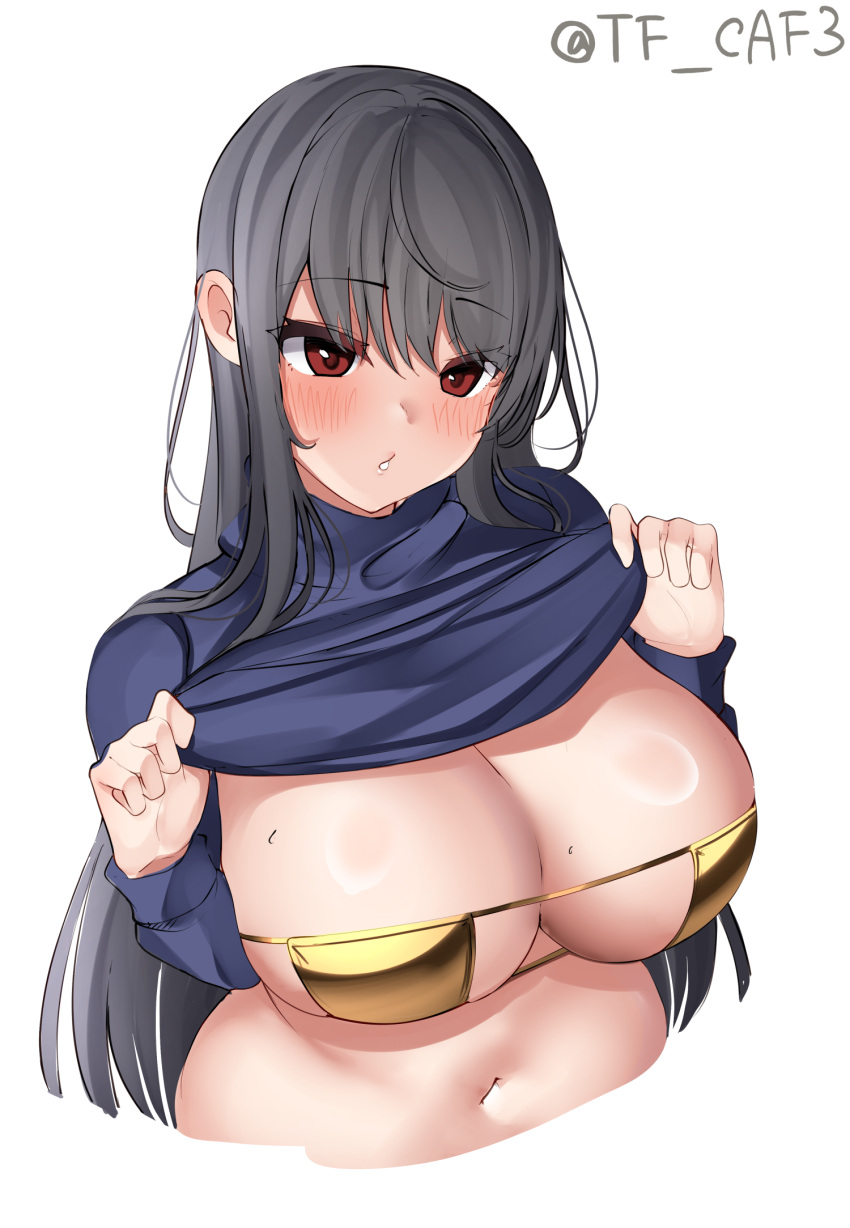 1girl alternate_costume bikini black_hair blue_sweater blush breasts clothes_lift commentary_request eyepatch_bikini gold_bikini highres huge_breasts isokaze_(kancolle) kantai_collection lifted_by_self long_hair long_sleeves looking_at_viewer navel parted_lips red_eyes simple_background solo sweater sweater_lift swimsuit tf_cafe turtleneck turtleneck_sweater twitter_username upper_body white_background