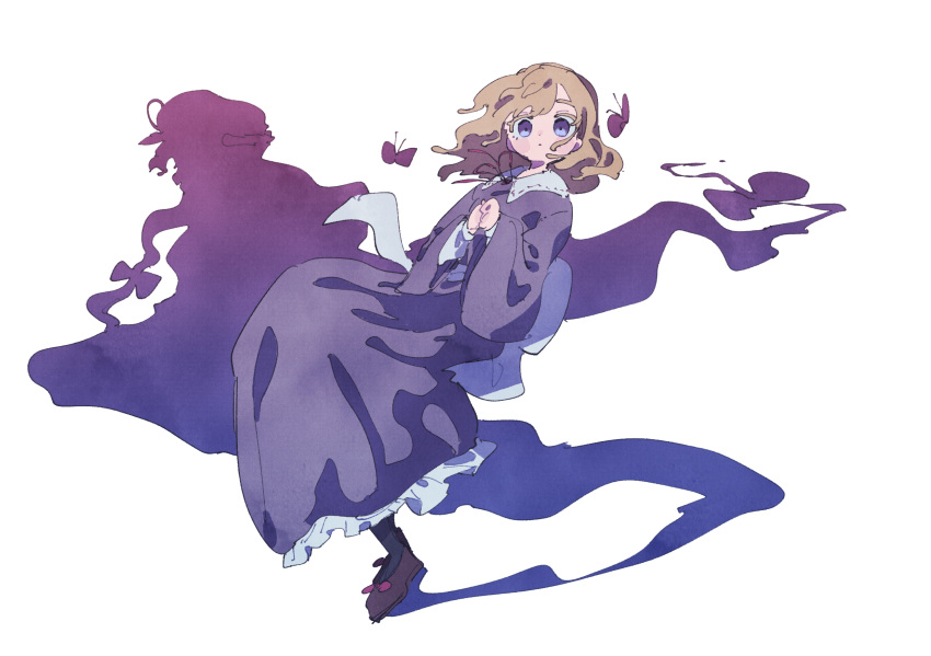 1girl animal black_socks blonde_hair brown_footwear bug butterfly closed_mouth commentary dress full_body highres long_sleeves maribel_hearn nama_udon purple_dress purple_eyes red_ribbon ribbon shoes short_hair silhouette simple_background socks solo touhou white_background wide_sleeves yakumo_yukari