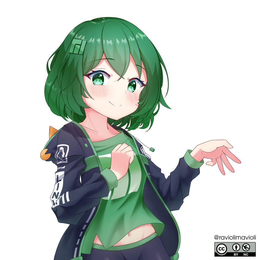 1girl absurdres arch bangs belly black_hoodie black_shorts copyright green_eyes green_hair green_shirt hair_between_eyes hair_ornament highres hood hoodie krita_(medium) linux long_sleeves looking_at_viewer manjaro navel open_clothes open_hoodie os-tan pac-man raviolimavioli shirt shorts smile sweater transparent_background