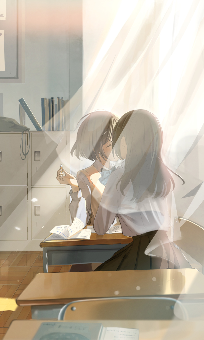 2girls blue_bow bob_cut book bow bowtie brown_hair chair classroom closed_eyes collared_shirt couple curtains desk hand_up highres indoors kiss long_hair long_sleeves mechanical_pencil multiple_girls notebook original pencil pleated_skirt school school_chair school_desk school_uniform shirt short_hair sitting skirt sweater_vest tasuku_(otomebotan) transparent_curtains white_shirt window yellow_sweater_vest yuri