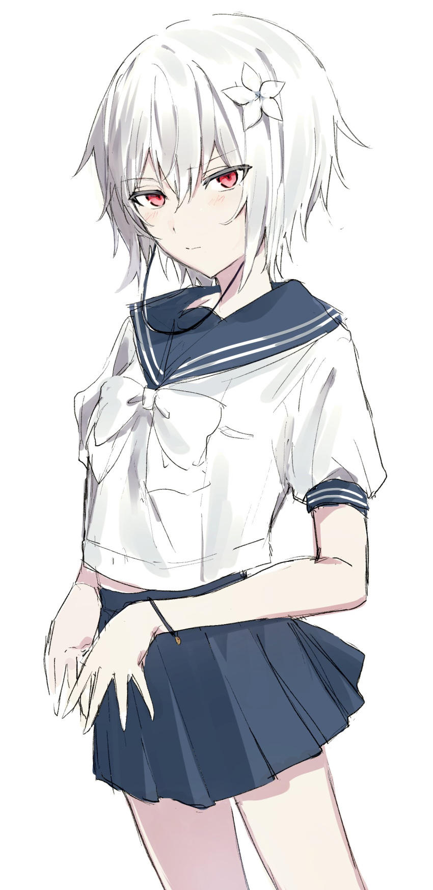 1girl a_certain_high_school_uniform absurdres accelerator_(toaru_majutsu_no_index) albino ambiguous_gender androgynous bare_legs black_bracelet blue_sailor_collar blue_skirt bow electrodes expressionless flower from_side hair_flower hair_ornament haru_(eharuru_32) head_tilt high-waist_skirt highres looking_at_viewer messy_hair midriff_peek miniskirt own_hands_together pale_skin pleated_skirt red_eyes sailor_collar school_uniform shirt short_hair short_sleeves sketch skirt solo standing summer_uniform suzushina_yuriko toaru_majutsu_no_index white_background white_bow white_hair white_shirt