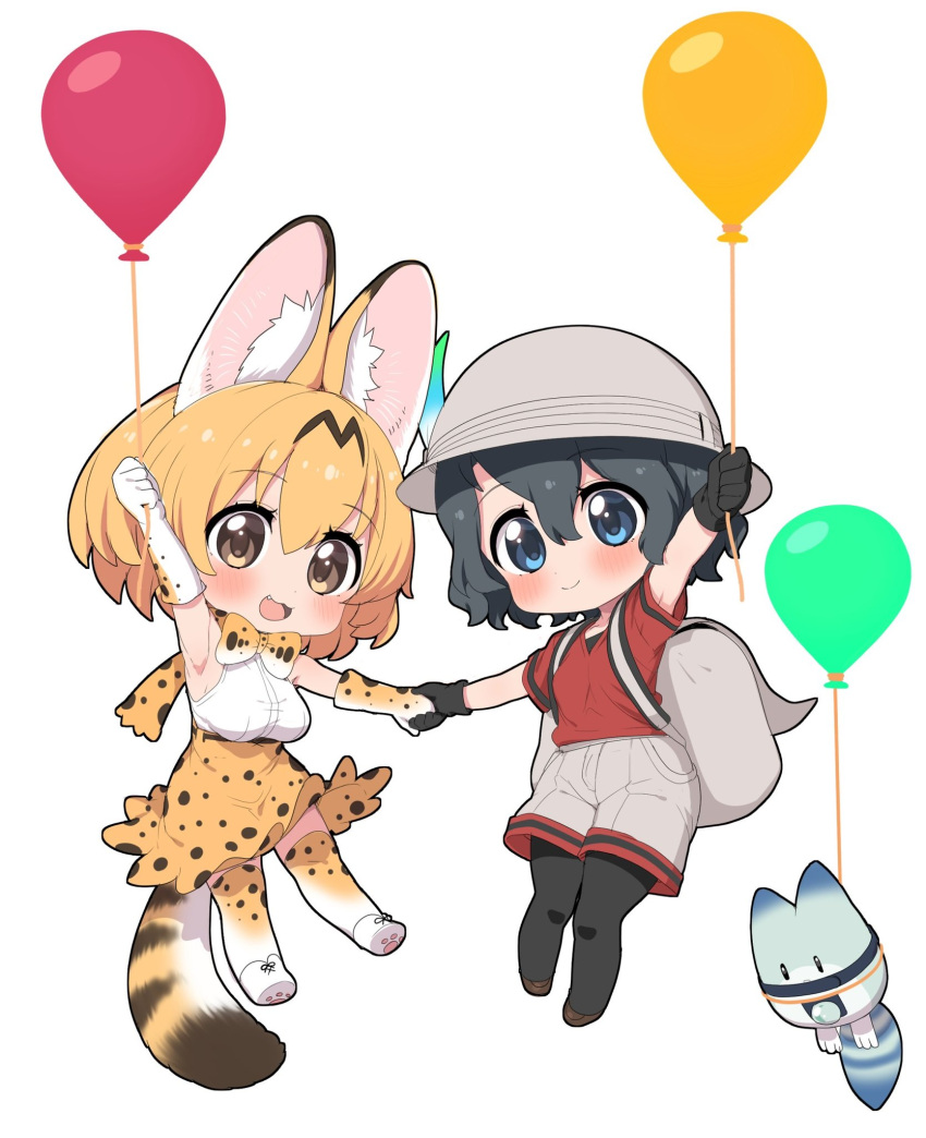 2girls animal_ears balloon black_hair black_pantyhose blonde_hair blue_eyes blush breasts brown_eyes cat_ears cat_tail closed_mouth fang highres holding holding_balloon holding_hands kaban_(kemono_friends) kemono_friends large_breasts lucky_beast_(kemono_friends) multiple_girls open_mouth pantyhose ransusan serval_(kemono_friends) short_hair shorts small_breasts smile tail thighhighs