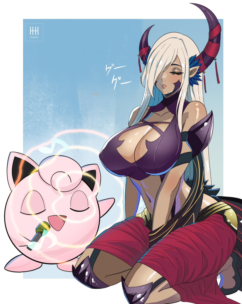 1girl bare_shoulders breasts cleavage cleavage_cutout clothing_cutout crossover dark-skinned_female dark_skin eyeshadow fire_emblem fire_emblem_engage hair_over_one_eye highres horns huge_breasts ihsnet jigglypuff lips makeup microphone music navel pointy_ears pokemon seiza singing sitting sleeping sound_wave white_hair zephia_(fire_emblem)
