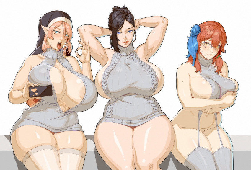 3girls absurdres accessories arm_under_breasts arms_up backwards_virgin_killer_sweater black_hair blue_eyes blue_hair blush breasts closed_mouth clothing_aside denisse_(aster_crowley) elf glasses hand_up highres holding holding_phone huge_breasts large_breasts looking_at_viewer materclaws mature_female meme_attire mole mole_on_breast mole_under_eye mole_under_mouth multiple_girls nun open_mouth orange_eyes phone pink_hair pointy_ears red_hair simple_background smile thick_thighs thighhighs thighs thong_aside virgin_destroyer_sweater virgin_killer_sweater white_background white_thighhighs