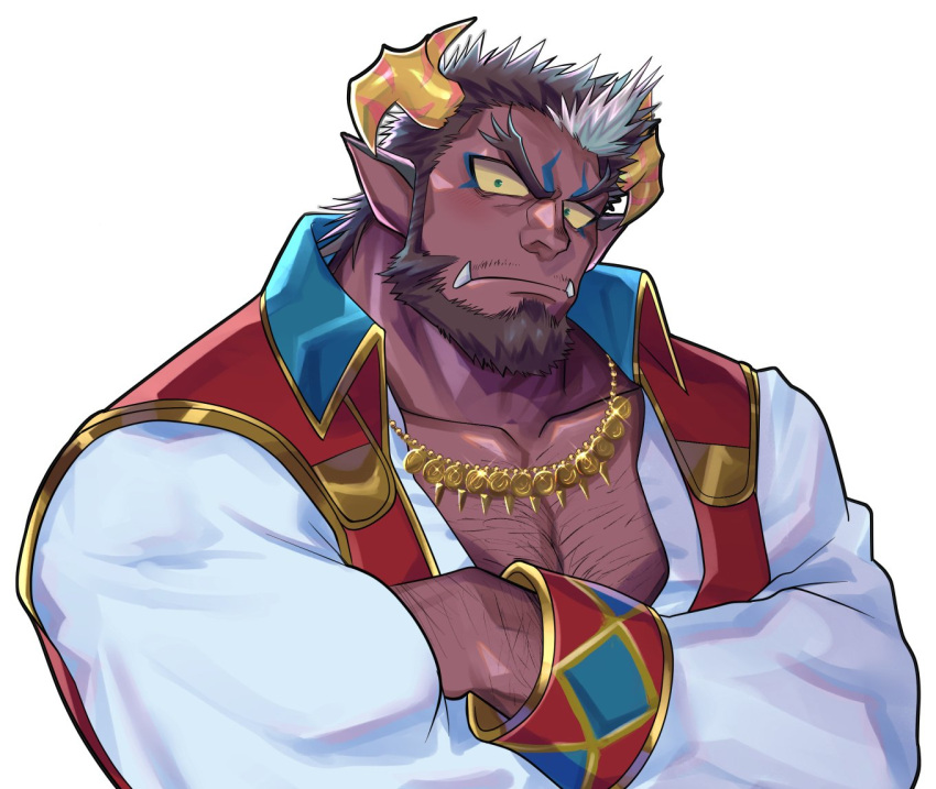 1boy animal_ears another_eidos-r arm_hair bara beard biceps blue_eyeshadow blush brown_hair chest_hair collared_vest colored_sclera colored_skin crossed_arms demon_boy demon_horns eyeshadow facial_hair forked_eyebrows from_above gold_necklace green_eyes hairy head_tilt horns horse_boy horse_ears jewelry large_pectorals makeup male_focus mature_male medium_hair muscular muscular_male mustache_stubble necklace partially_unbuttoned pectoral_cleavage pectorals pointy_ears purple_skin red_vest revision solo stalon_(another_eidos) thick_eyebrows tusks upper_body vest white_background white_hair yakisoba_ohmori yellow_sclera