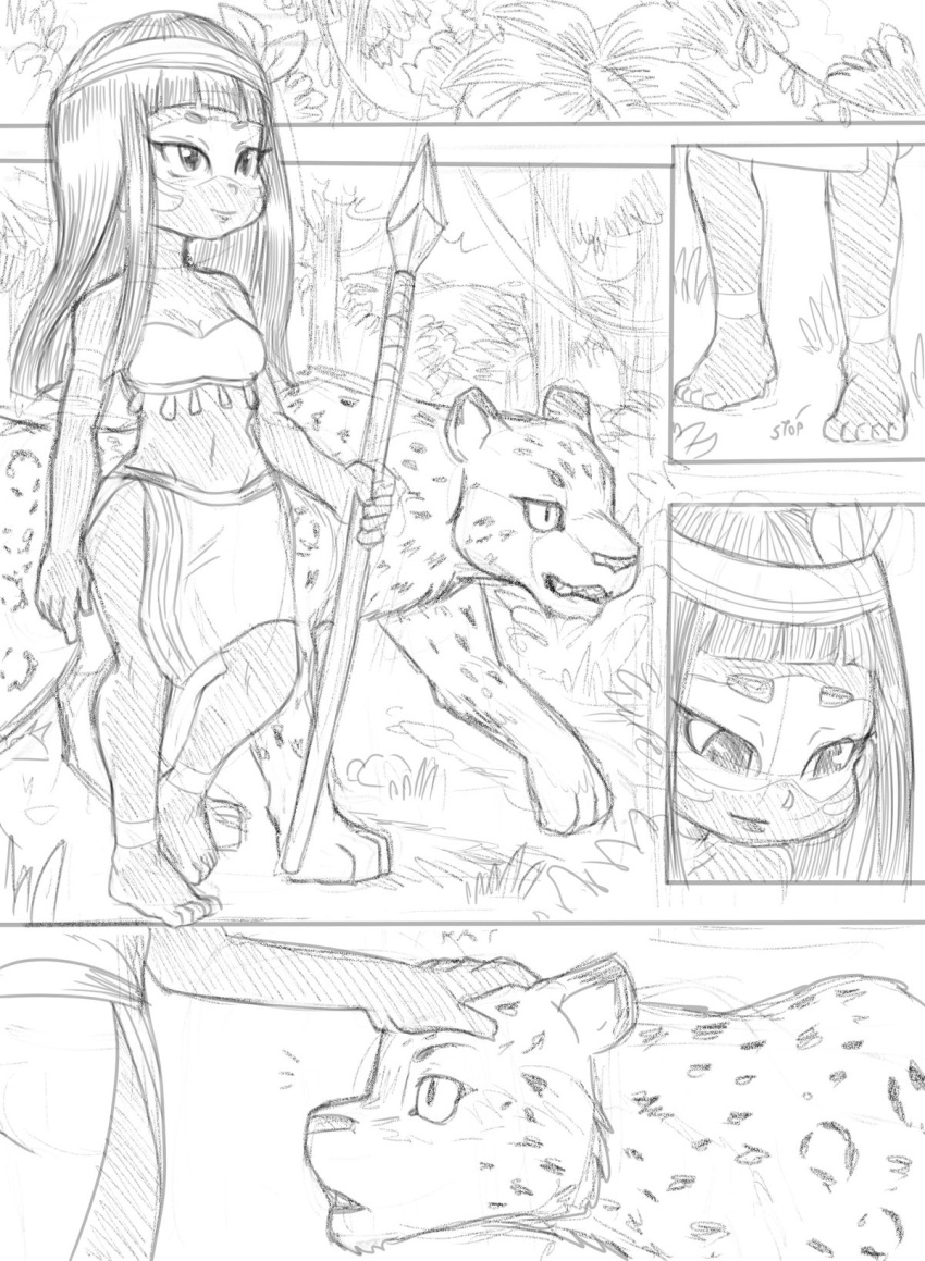 bottomwear breasts cleavage clothed clothing comic daigaijin duo felid female feral fur greyscale hair hi_res human jaguar loincloth mammal melee_weapon midriff monochrome outside pantherine polearm sketch spear spots spotted_body spotted_fur weapon