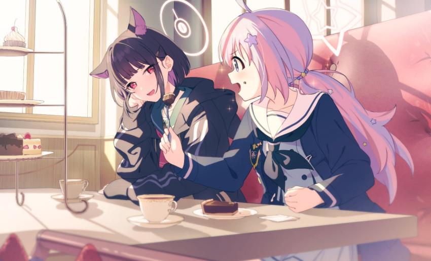 2girls animal_ears black_choker black_hair black_jacket blue_archive blue_hair blunt_bangs blurry cafe cake cake_slice cake_stand cat_ears cat_girl chocolate_cake choker colored_inner_hair commentary cup depth_of_field extra_ears food food_on_face fork green_sailor_collar grey_serafuku hair_behind_ear hair_ornament hairclip halo hand_on_own_face hand_on_table head_rest highres holding holding_fork hood hood_down hooded_jacket indoors jacket kazusa_(blue_archive) keita_(kta0) light long_hair long_sleeves looking_at_another low_twintails mechanical_halo multicolored_clothes multicolored_hair multicolored_jacket multiple_girls neckerchief pink_hair pink_neckerchief puffy_long_sleeves puffy_sleeves purple_eyes reisa_(blue_archive) sailor_collar saucer school_uniform serafuku short_hair sideways_glance sitting sleeves_past_wrists star_(symbol) star_hair_ornament strawberry_cake tea twintails white_sailor_collar