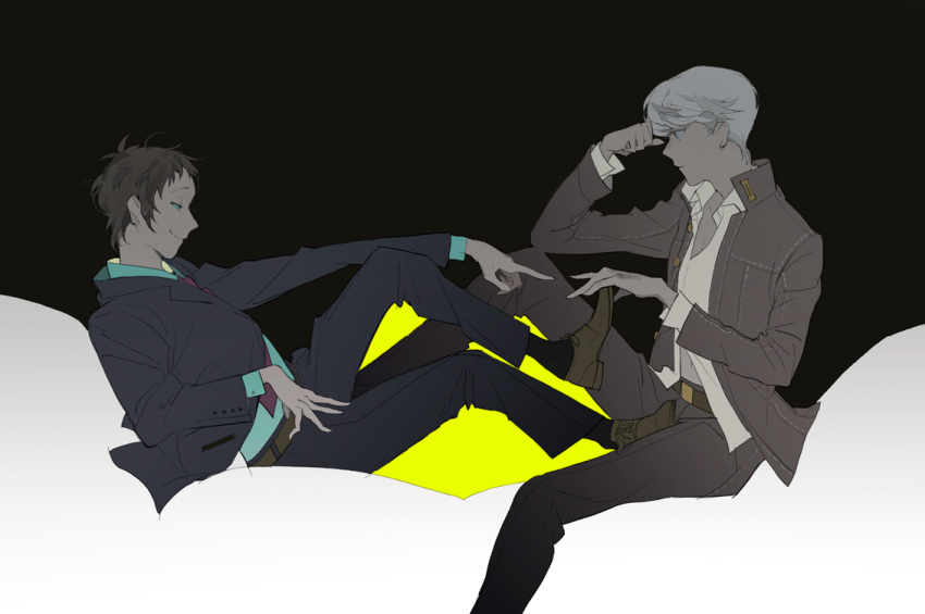 2boys adachi_tooru belt black_jacket black_pants blue_shirt brown_belt brown_footwear business_suit closed_mouth collared_shirt commentary full_body gakuran grey_eyes grey_hair hand_on_another's_foot hand_on_own_leg hand_up jacket kaninn long_sleeves male_focus multiple_boys narukami_yuu necktie open_clothes open_jacket pants persona persona_4 profile red_necktie school_uniform shirt shoes short_hair sitting smile suit symbol-only_commentary white_shirt yasogami_school_uniform