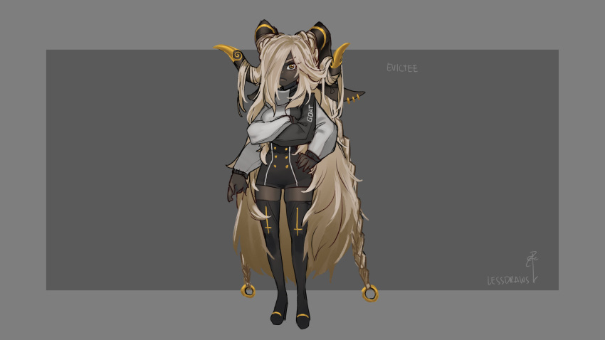 1girl absurdres animal_ears artist_name black_footwear black_skin blonde_hair boots braid character_name clothes_writing colored_skin commentary crossed_arms curled_horns ear_piercing english_commentary frown full_body goat_ears goat_girl grey_background hair_over_one_eye hand_on_own_hip highres horizontal_pupils horns less long_hair long_sleeves looking_at_viewer original piercing simple_background solo standing thigh_boots twin_braids very_long_hair yellow_eyes
