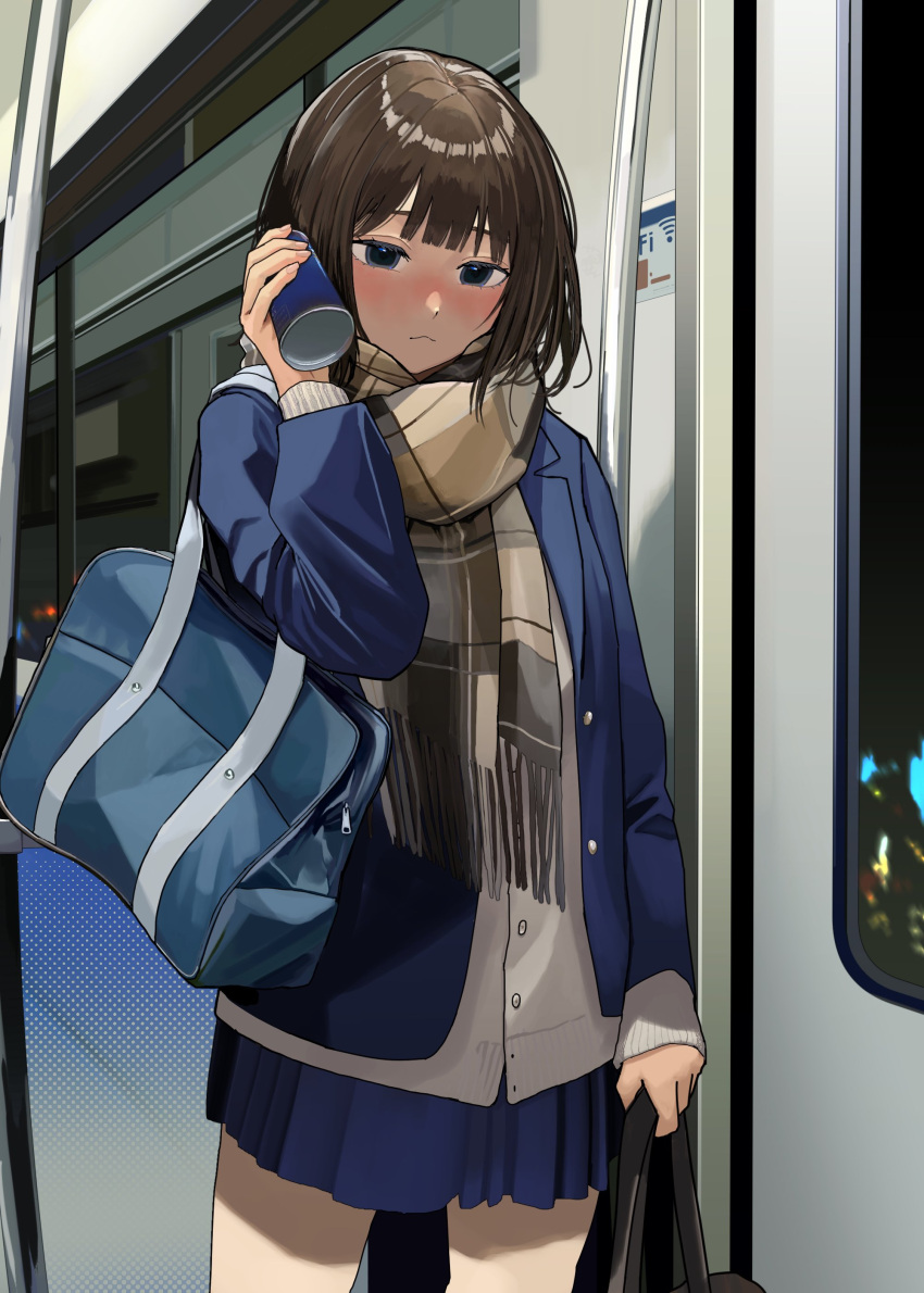 1girl absurdres bag blue_jacket blue_skirt blush brown_hair closed_mouth commentary_request cup hand_grip highres holding holding_bag holding_cup jacket medium_hair mmmo3 night open_clothes open_jacket original plaid plaid_scarf pleated_skirt scarf school_bag school_uniform skirt solo train_interior untucked window