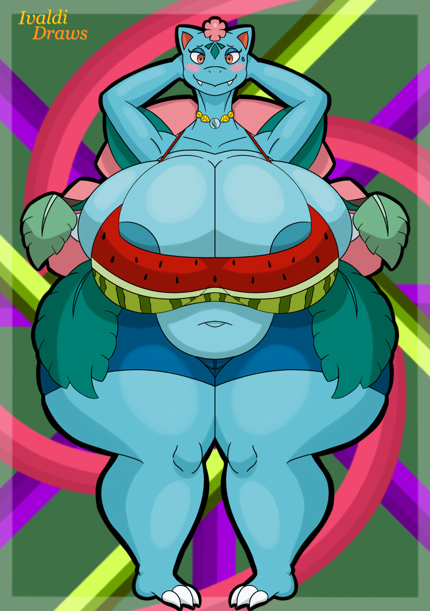 absurd_res anthro areola areola_slip belly big_breasts blush bottomwear breasts choker clothing eyeshadow fangs female flower_on_head game_freak hands_behind_head hi_res huge_breasts huge_thighs hyper hyper_breasts ivaldi jewelry leaves_on_body looking_at_viewer makeup mega_evolution mega_venusaur multicolored_body navel necklace nervous_smile nintendo overweight overweight_female pokemon pokemon_(species) shorts solo symmetry teeth thick_thighs topwear two_tone_body watermark