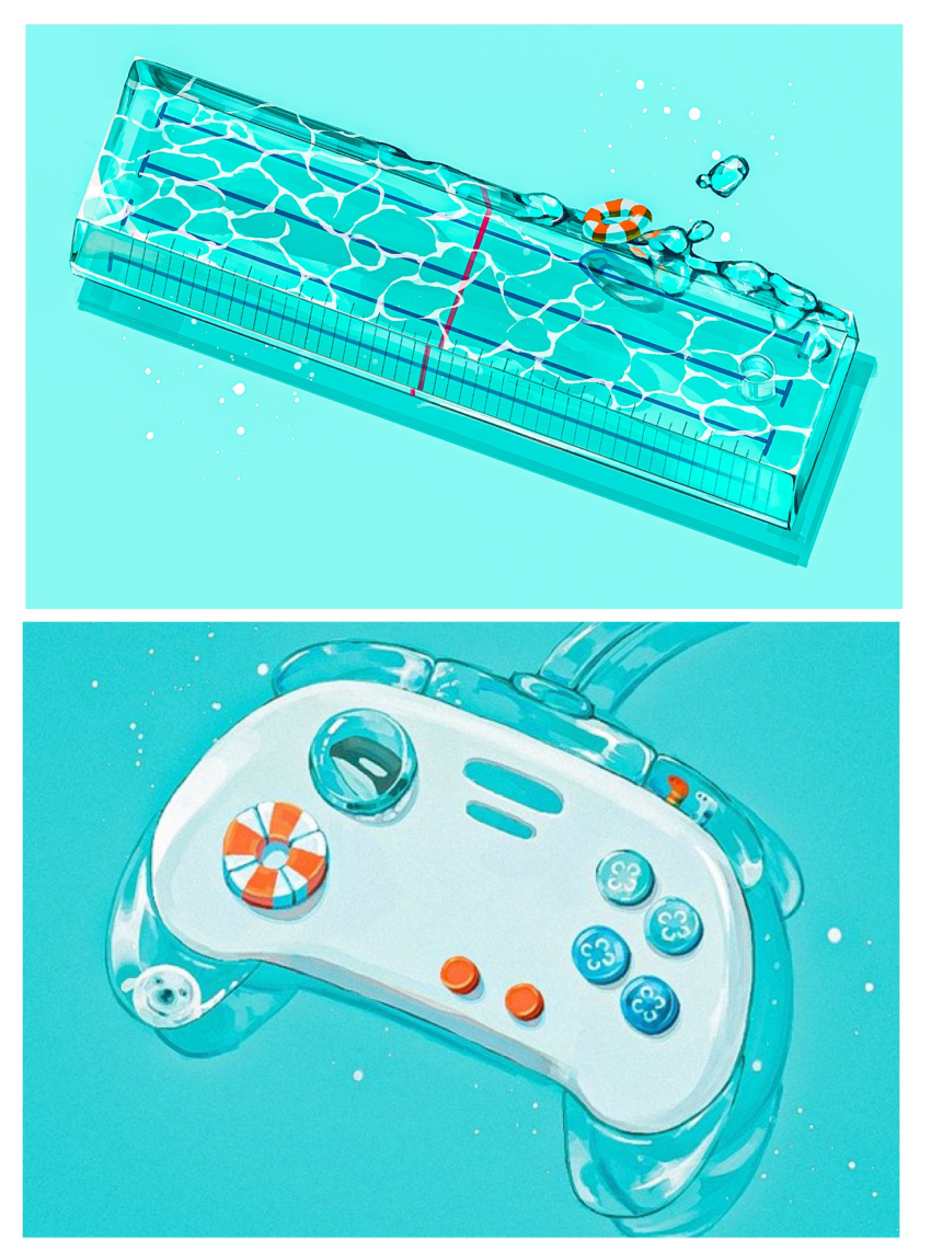 absurdres aqua_background border buttons controller floating floating_object game_controller highres lifebuoy light_blue_background light_particles no_humans orca original pool resized ripples shadow snake tragic_vacance6 upscaled water water_drop wet white_border wire