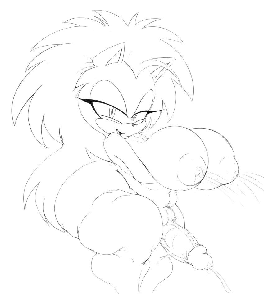 anthro balls big_balls big_breasts big_penis bodily_fluids breasts chubby_female clothing ejaculation eulipotyphlan genitals gynomorph hair hedgehog hi_res huge_breasts intersex lactating legwear long_hair mammal monochrome penis queen_aleena_hedgehog raccoonshinobi sega solo sonic_the_hedgehog_(series) sonic_underground thick_thighs thigh_highs wide_hips