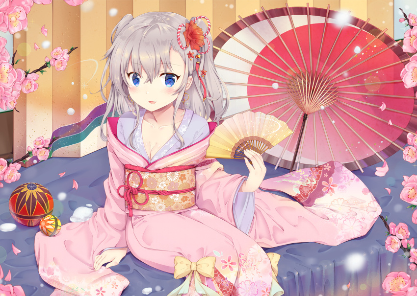 1girl 2018 alternate_costume alternate_hairstyle arm_at_side blue_eyes blue_gemstone blue_kimono blush bow branch breasts charlotte_(anime) cherry_blossom_print cherry_blossoms cleavage collarbone commentary_request dated_commentary earrings falling_petals feet_out_of_frame floral_print flower folding_fan gem glint grey_hair hair_between_eyes hair_flower hair_ornament hand_fan hand_up heart heart_earrings highres holding holding_fan indoors japanese_clothes jewelry kimono layered_clothes layered_kimono long_hair long_sleeves looking_at_viewer maruma_(maruma_gic) medium_breasts obi off_shoulder oil-paper_umbrella open_mouth petals pink_kimono red_flower red_tassel red_umbrella sash second-party_source sidelocks sitting smile solo spring_(season) tomori_nao two_side_up umbrella wavy_hair wide_sleeves yellow_bow yukata