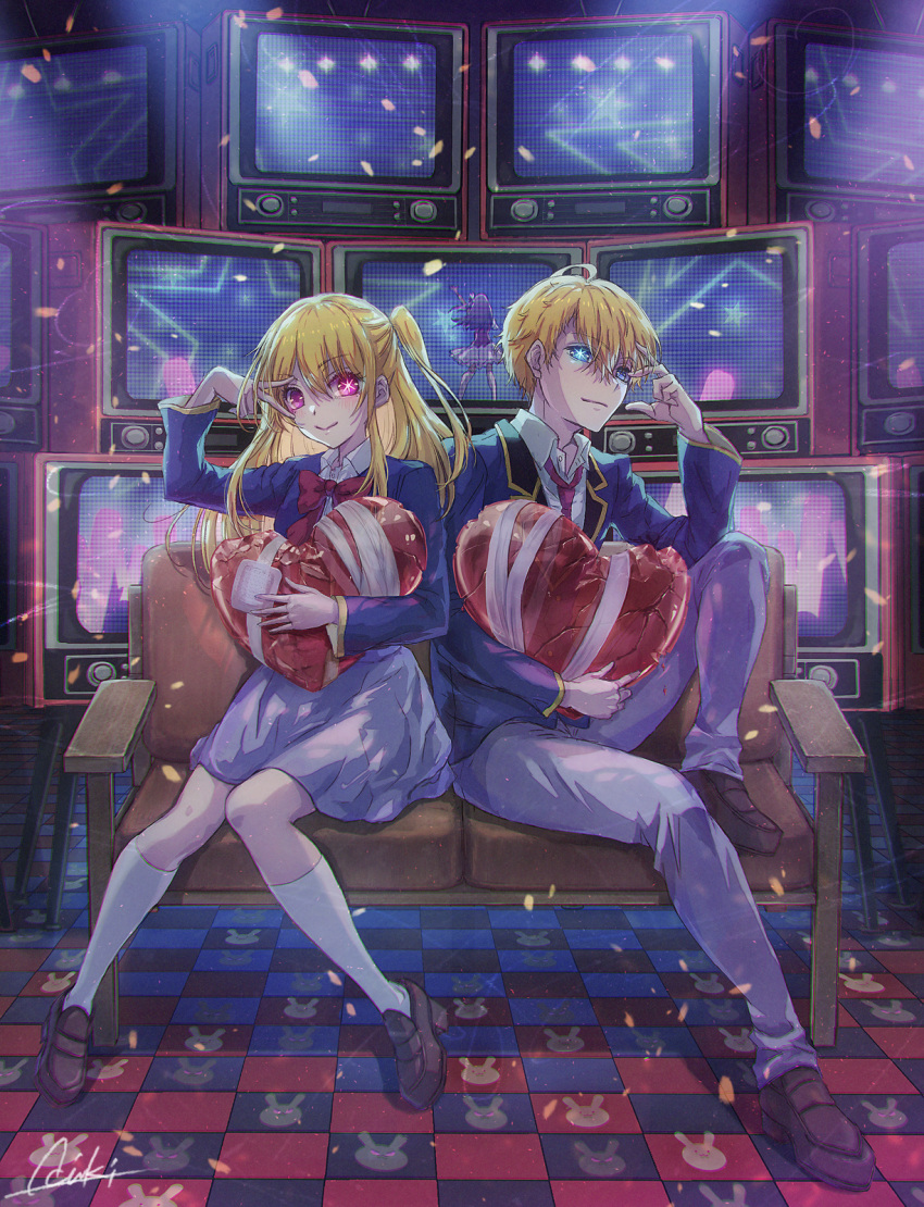 1boy 1girl blazer blue_eyes blue_jacket blush bow bowtie brother_and_sister brown_footwear chromatic_aberration closed_mouth collared_shirt commentary couch crt dress_shirt full_body grey_pants grey_skirt hair_between_eyes hand_up heart highres hoshino_ai_(oshi_no_ko) hoshino_aquamarine hoshino_ruby indoors jacket kneehighs light_particles lira_mist long_hair long_sleeves looking_at_viewer mismatched_pupils necktie no_pupils one_side_up open_clothes open_jacket oshi_no_ko pants pink_eyes red_bow red_bowtie red_necktie school_uniform shadow shirt short_hair siblings sidelocks signature sitting skirt smile socks star-shaped_pupils star_(symbol) symbol-shaped_pupils television twins v_over_eye white_shirt white_socks youtou_high_school_uniform