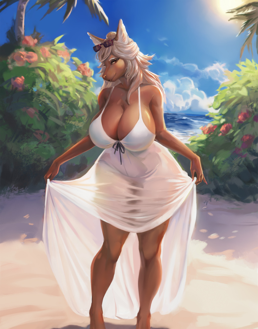 absurd_res aib_leyley anthro beach big_breasts breasts butt canid clothed clothing cloud digital_media_(artwork) dress female hair hi_res looking_at_viewer mammal outside palm_tree plant sand sea seaside sky smile smiling_at_viewer solo sundress thick_thighs tree under_dress water wide_hips