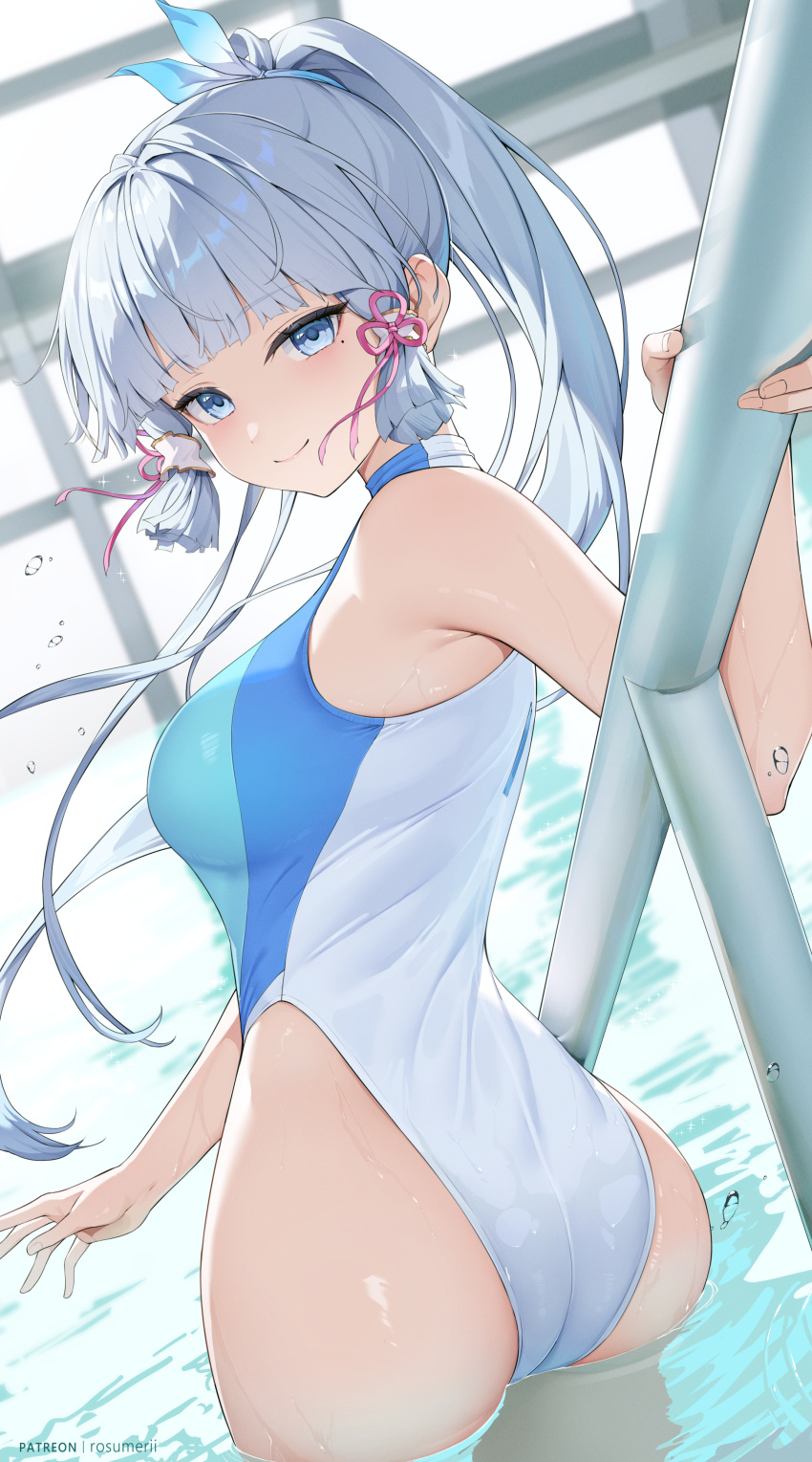 1girl absurdres ass blue_eyes blue_hair blue_one-piece_swimsuit blue_ribbon blush bow breasts closed_mouth commentary_request competition_swimsuit genshin_impact hair_ornament hair_ribbon hair_tubes highres indoors kamisato_ayaka light_blue_hair long_hair looking_at_viewer mole mole_under_eye one-piece_swimsuit partially_submerged pink_bow pink_ribbon ponytail pool ribbon rosumerii smile solo swimsuit twisted_torso two-tone_one-piece_swimsuit white_hair white_one-piece_swimsuit window