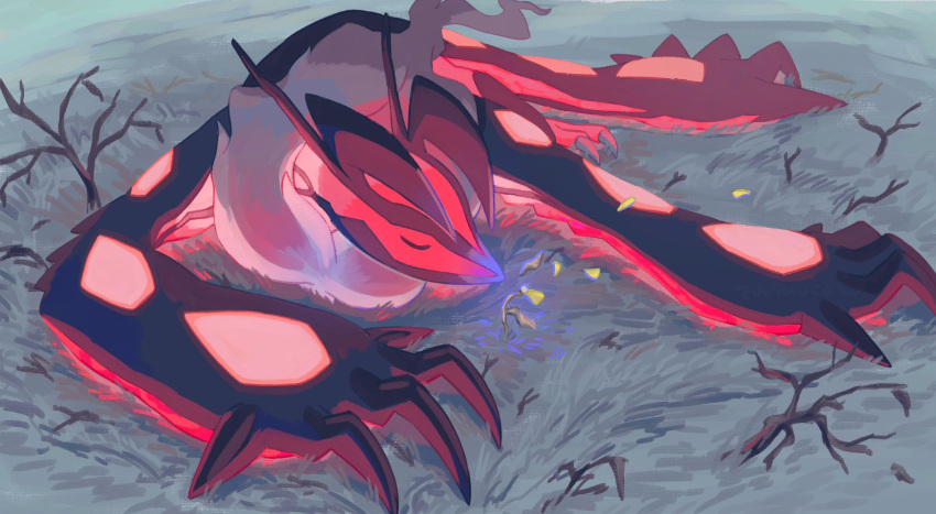 claws closed_eyes commentary glowing grass highres horns lying no_humans outdoors pokemon pokemon_(creature) solo symbol-only_commentary torinoko_(miiko_draw) yveltal