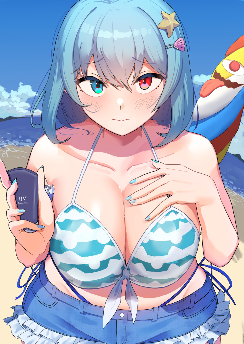 absurdres bikini blue_bikini blue_eyes blue_hair blue_nails blue_sky blush breasts cleavage closed_mouth commentary_request frilled_bikini frills hand_on_own_chest heterochromia highres holding horizon karakasa_obake large_breasts looking_at_viewer lotion multicolored_umbrella outdoors red_eyes shell_hair_ornament short_hair sky starfish_hair_ornament striped striped_bikini sunscreen swimsuit tatara_kogasa tatara_kogasa_(beach_umbrella_castaway) tongue touhou touhou_lost_word umbrella urizaku3