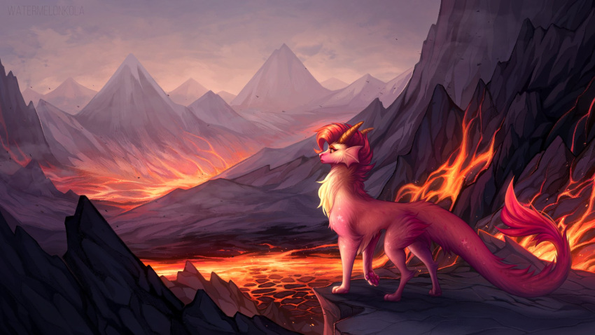 16:9 artist_name canid chest_tuft cloud dragon ear_frill female feral frill_(anatomy) fur furred_dragon hair hi_res horn kolaa lava leg_tuft mammal mountain mouth_closed neck_tuft orange_horn outside pawpads pink_body pink_frill pink_fur pink_pawpads red_hair side_view sky solo sparkledog species_request tail tail_tuft tuft widescreen yellow_body yellow_eyes yellow_fur