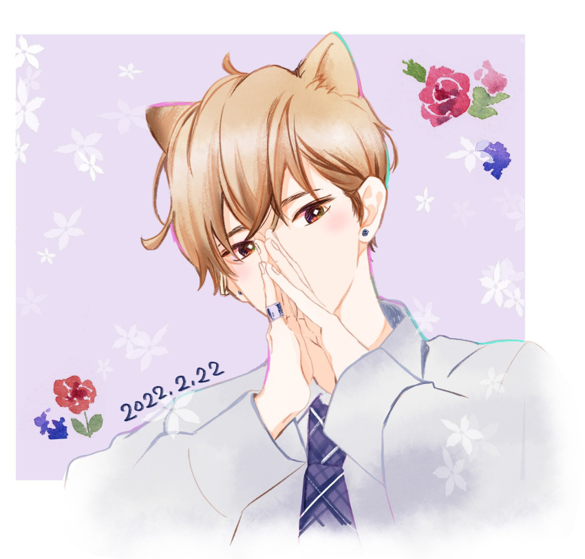 1boy animal_ears aza-koi blue_necktie blue_shirt border bright_pupils brown_eyes brown_hair cat_boy cat_day cat_ears collared_shirt colored_text commentary_request covering_mouth cropped_torso crossed_bangs dated diamond-shaped_pupils diamond_(shape) fingernails flower gradient_hair hair_between_eyes hands_over_own_mouth highres jewelry kurachi_yone lavender_background leaf long_sleeves looking_at_viewer male_focus moji_haruki multicolored_hair necktie outside_border plaid_necktie red_flower red_rose ring rose shirt short_hair solo steepled_fingers symbol-shaped_pupils traditional_media white_border white_flower white_pupils