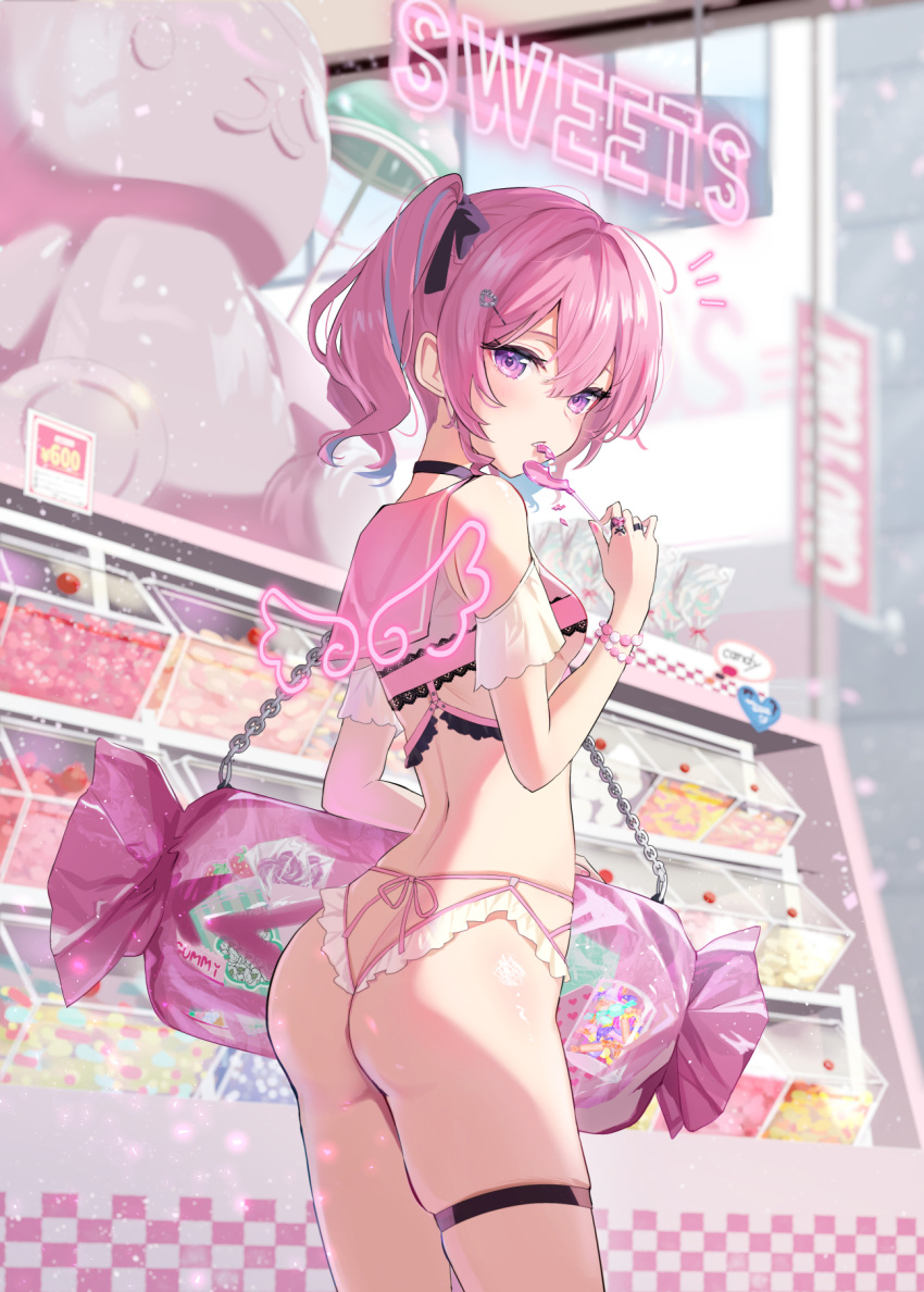 1girl ass back bag bare_shoulders blush breasts candy choker commentary_request cowboy_shot eating food frills from_behind hair_ornament hair_ribbon highres holding holding_candy holding_food holding_lollipop jewelry lingerie lollipop looking_at_viewer looking_back omelet_tomato original panties pink_hair purple_eyes ribbon ring shoulder_bag skindentation solo standing thigh_strap thong twintails underwear underwear_only wings