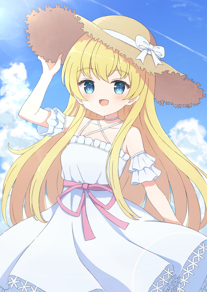 1girl :d bare_shoulders blonde_hair blue_eyes blue_sky blush bow cloud cloudy_sky collarbone commission contrail cowboy_shot criss-cross_halter day detached_sleeves dot_nose dress halterneck hand_on_headwear hat hat_bow highres lens_flare long_bangs long_hair looking_at_viewer open_mouth original outdoors pink_ribbon pleated_dress raised_eyebrows ribbon shirobako short_sleeves sidelocks skeb_commission sky sleeveless sleeveless_dress smile solo straight_hair straw_hat tyakomes variant_set waist_ribbon white_dress white_sleeves