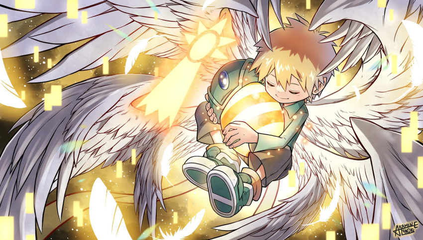 1boy akamine_naoki angel_wings angemon blonde_hair closed_eyes crest digimon digimon_(creature) digimon_adventure digimon_crest digitama egg feathered_wings gradient_background hat highres holding_digimon multiple_wings short_hair takaishi_takeru white_wings wings