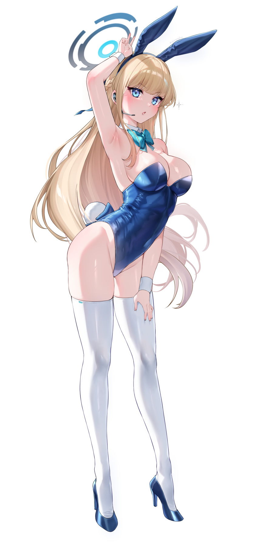 1girl absurdres animal_ears arm_up armpits bare_shoulders blonde_hair blue_archive blue_eyes blue_leotard blush breasts cleavage detached_collar earpiece fake_animal_ears fake_tail full_body hair_ribbon high_heels highleg highleg_leotard highres large_breasts leotard long_hair looking_at_viewer official_alternate_costume open_mouth playboy_bunny rabbit_ears rabbit_tail ribbon solo strapless strapless_leotard tail thighhighs toki_(blue_archive) toki_(bunny)_(blue_archive) very_long_hair wrist_cuffs yayoi_maka
