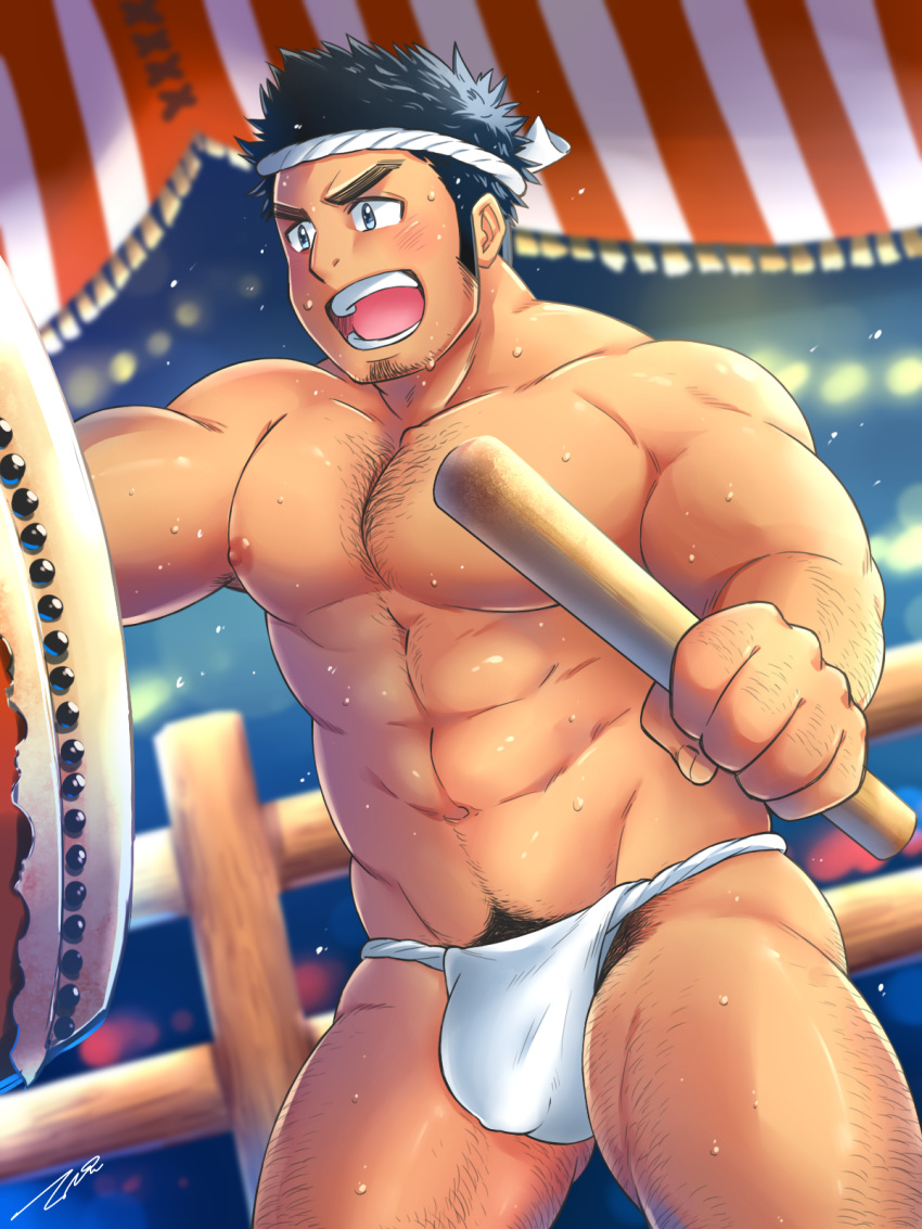 1boy abs arm_hair armpit_hair armpit_peek ass_visible_through_thighs bara blush bulge chest_hair covered_penis drum drumming drumsticks excessive_pubic_hair feet_out_of_frame flaccid frown fundoshi hachimaki hairy headband highres instrument japanese_clothes large_pectorals leg_hair looking_away male_focus male_pubic_hair mature_male muscular muscular_male navel navel_hair nipples original pectorals pubic_hair short_hair shouting sideburns solo stomach sweat taiko_drum tepen_(tptptpn) thick_eyebrows thick_thighs thighs topless_male