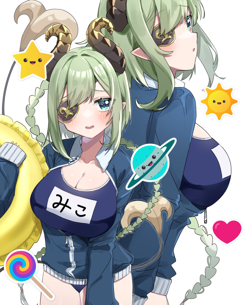 1girl absurdres blue_eyes blue_jacket blue_one-piece_swimsuit blush breasts brown_horns cleavage commentary_request cowboy_shot curled_horns demon_girl demon_horns demon_tail emoji eyepatch frilled_innertube green_hair highres holding holding_innertube horns innertube jacket large_breasts looking_at_viewer medium_bangs medium_hair multiple_views nanashi_inc. one-piece_swimsuit open_mouth partially_unzipped pointy_ears sekishiro_mico simple_background star_(symbol) swimsuit swimsuit_under_clothes tail tamotsu_(mary) virtual_youtuber white_background yellow_innertube zipper