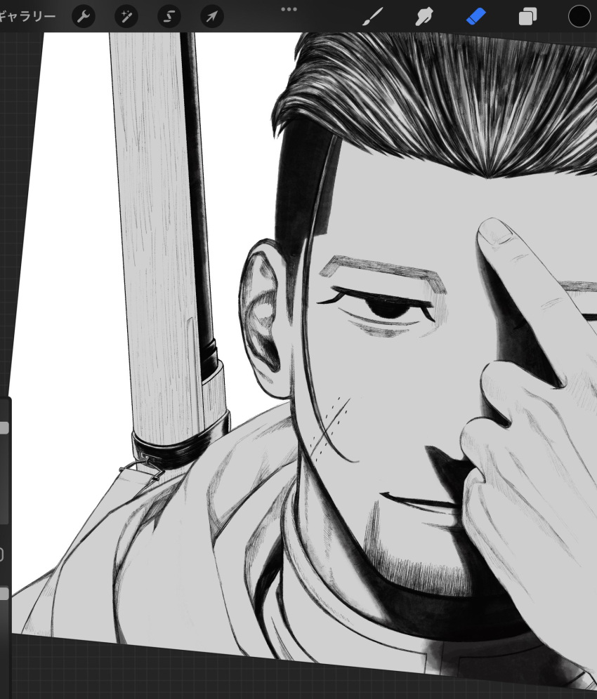 1boy dutch_angle facial_hair golden_kamuy greyscale hair_slicked_back hair_strand highres jitome light_smile male_focus monochrome ogata_hyakunosuke pointing pointing_at_self portrait scar scar_on_cheek scar_on_face short_hair sideburns solo stubble tonta_(tonta1231) undercut