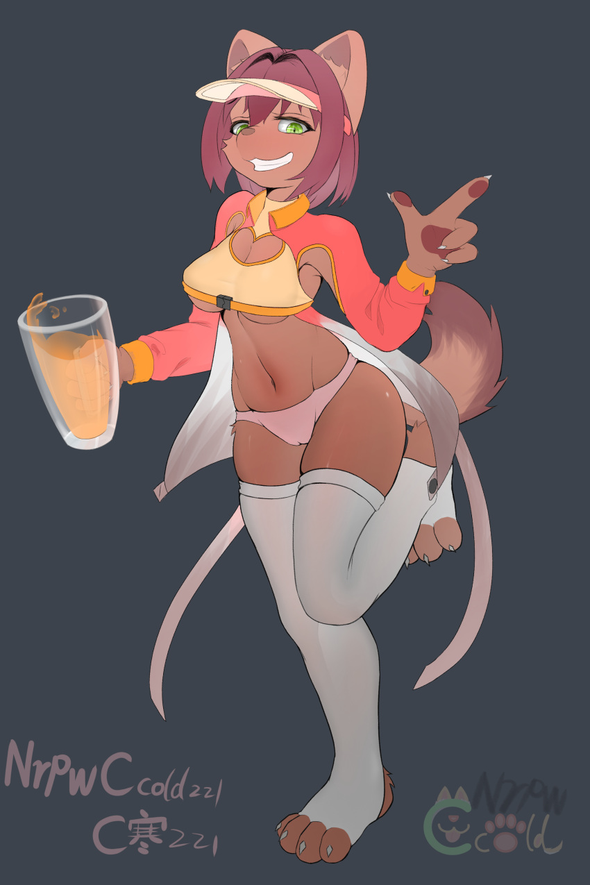 absurd_res anthro beverage brown_body clothing date_hair female green_eyes hi_res legwear nrpwccold221 open_toe_socks panties pink_clothing pink_panties pink_underwear red_clothing solo sports_cap stockings underwear white_clothing white_legwear white_stockings