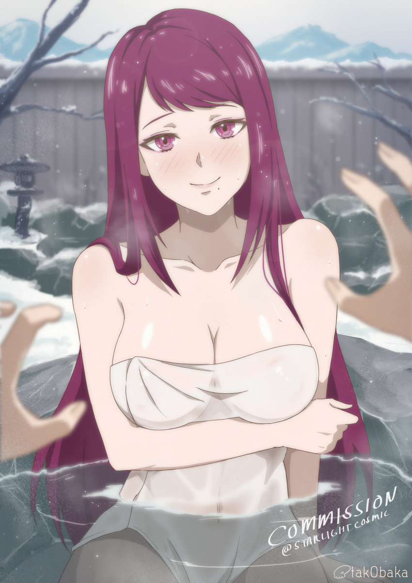 1girl absurdres bare_shoulders bath bathing blush breasts cleavage fire_emblem fire_emblem_engage groping_motion happy highres imminent_breast_grab imminent_grope ivy_(fire_emblem) large_breasts long_hair looking_at_viewer mole mole_under_mouth naked_towel pov purple_eyes purple_hair smile solo_focus tak0baka towel very_long_hair water wet white_towel