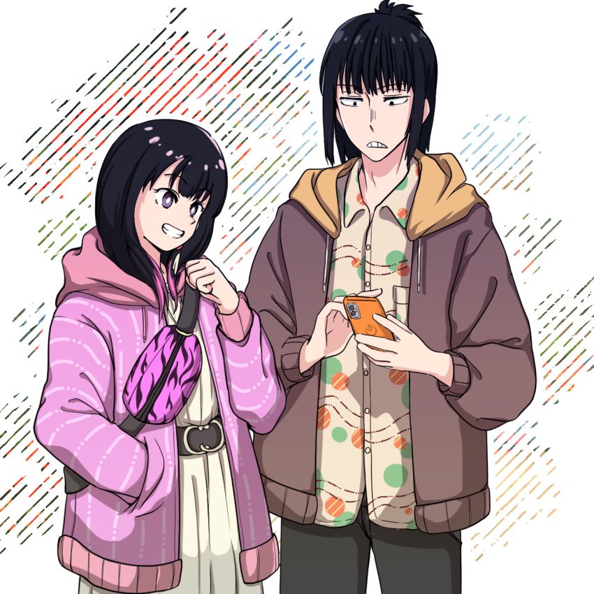 1boy 1girl akane-banashi bag belt black_hair brown_jacket cellphone hand_up handbag highres hood hood_down hooded_jacket jacket long_sleeves mario_(mariopurasu) nerimaya_karashi open_clothes open_jacket osaki_akane_(akane-banashi) parted_lips phone pink_jacket purple_eyes simple_background smartphone smile standing