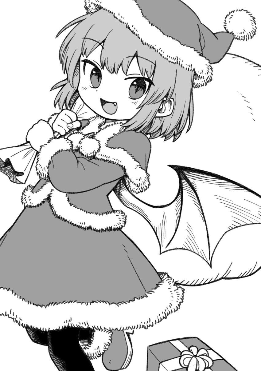 1girl :d alternate_costume bat_wings box fang gift gift_box greyscale hat highres holding holding_sack looking_at_viewer monochrome oninamako open_mouth remilia_scarlet sack santa_costume santa_hat simple_background slit_pupils smile solo touhou wings