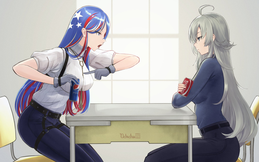 2girls ahoge alternate_costume blue_hair blue_pants blue_shirt breasts can coca-cola commentary_request cowboy_shot denim gloves grey_eyes grey_gloves grey_hair highres jeans kantai_collection large_breasts long_hair multicolored_hair multiple_girls odachu pants pepsi red_hair shirt soda_can south_dakota_(kancolle) star_(symbol) table washington_(kancolle) white_hair white_shirt window